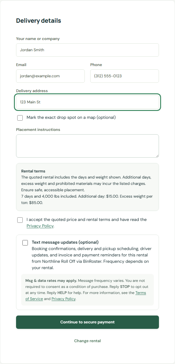 Online booking form. Below the name, email, phone and address fields are a required checkbox, 'I accept the quoted price and rental terms and have read the Privacy Policy', and a separate optional checkbox, 'Text message updates (optional): Booking confirmations, delivery and pickup scheduling, driver updates, and invoice and payment reminders for this rental from Northline Roll Off via BinRoster. Frequency depends on your rental.' A disclosure box beneath it reads: 'Msg and data rates may apply. Message frequency varies. You are not required to consent as a condition of purchase. Reply STOP to opt out at any time. Reply HELP for help. For more information, see the Terms of Service and Privacy Policy.' The button reads 'Continue to secure payment'.